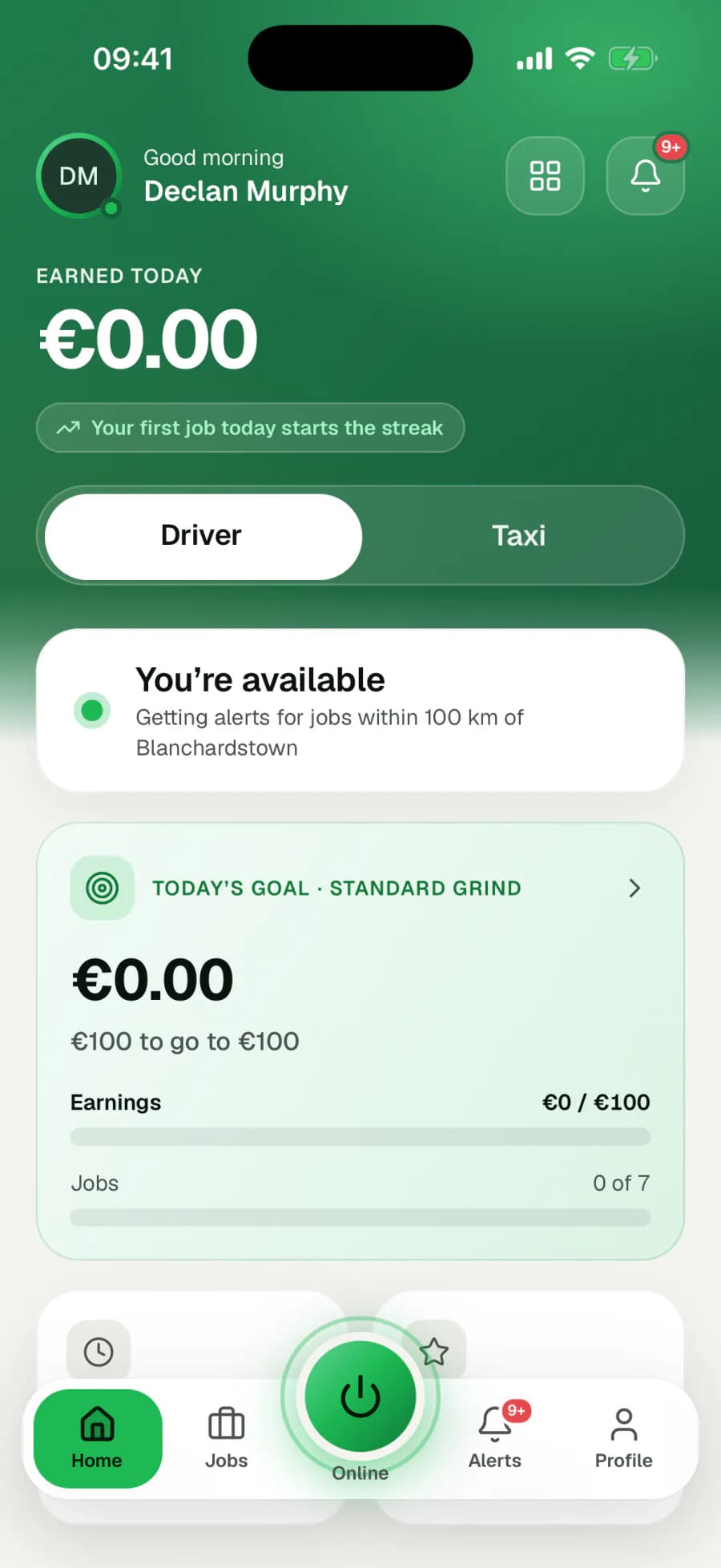 The Nifty Driver app home screen in Driver mode.