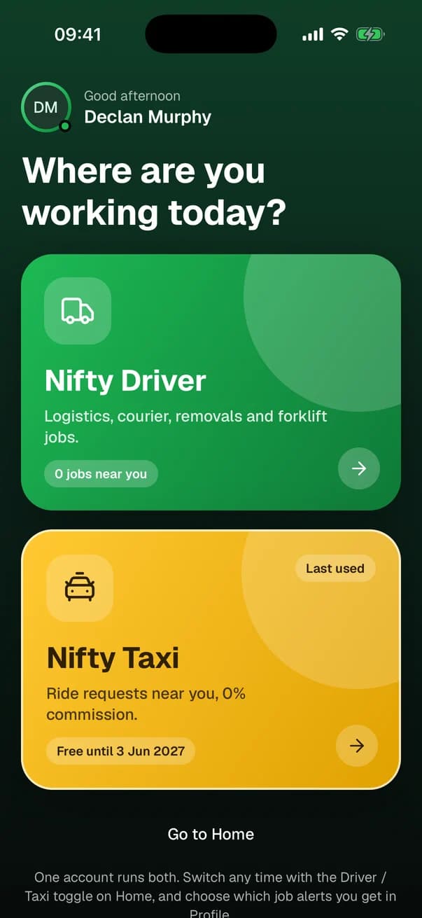 The Nifty app: choose Nifty Driver or Nifty Taxi