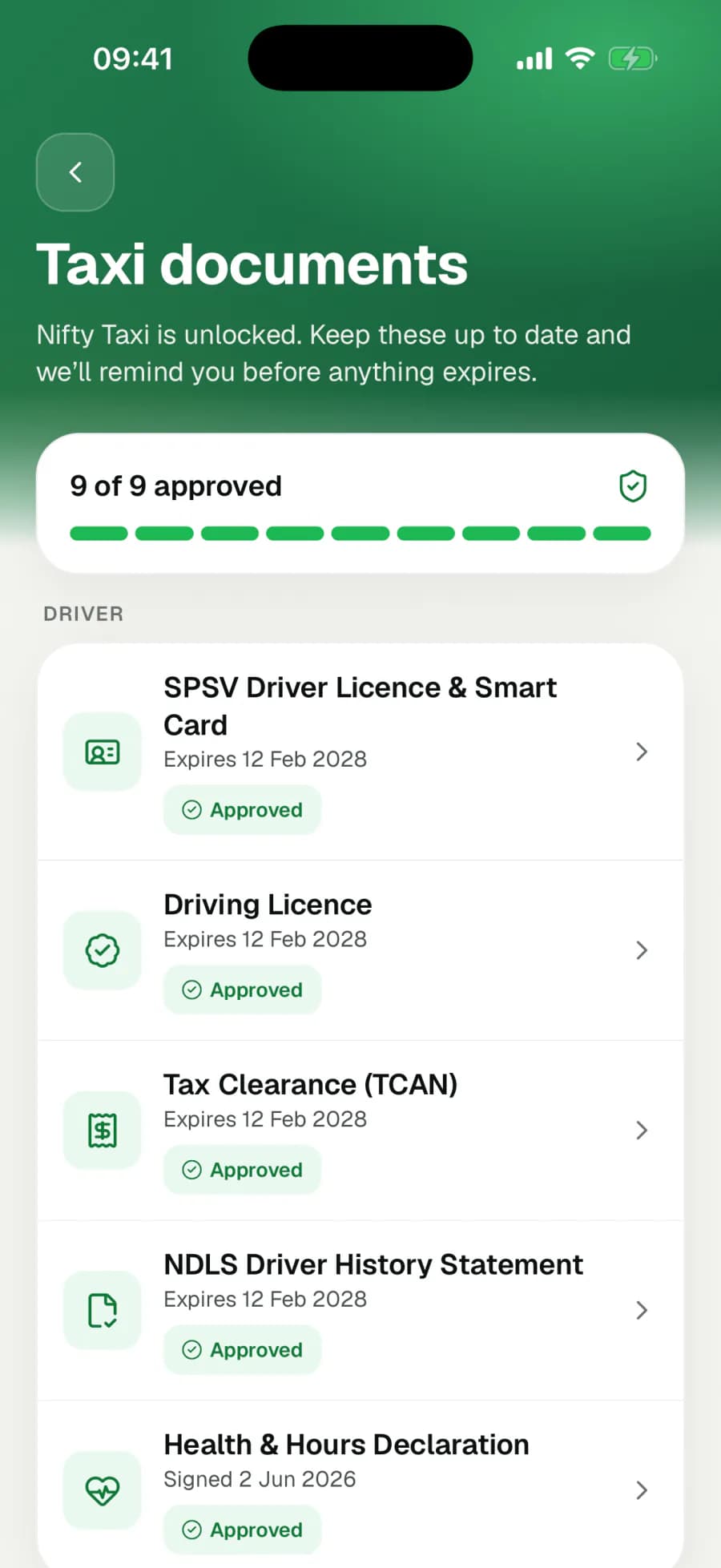 The Nifty Driver app showing approved taxi documents.