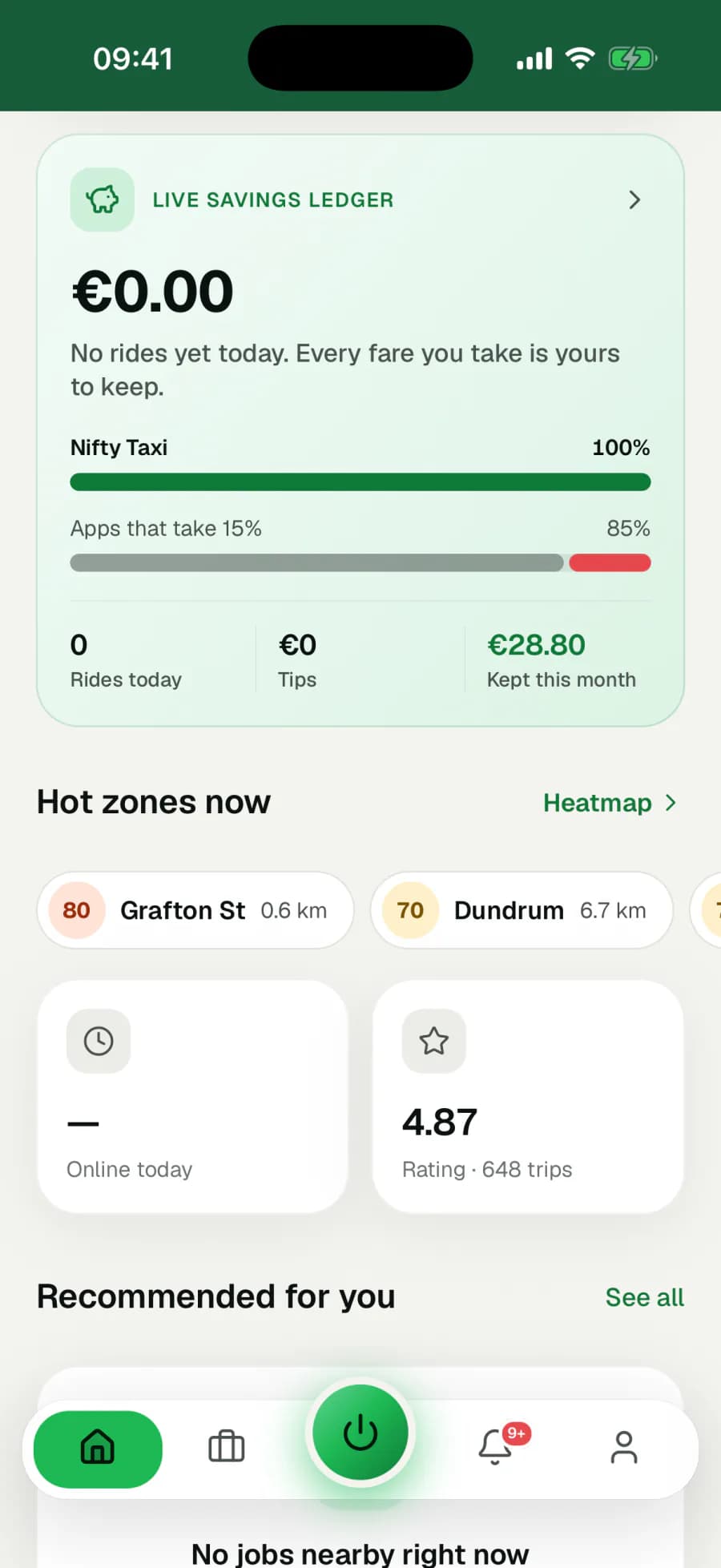 The Nifty Driver app in Taxi mode, showing the savings ledger and busy areas.